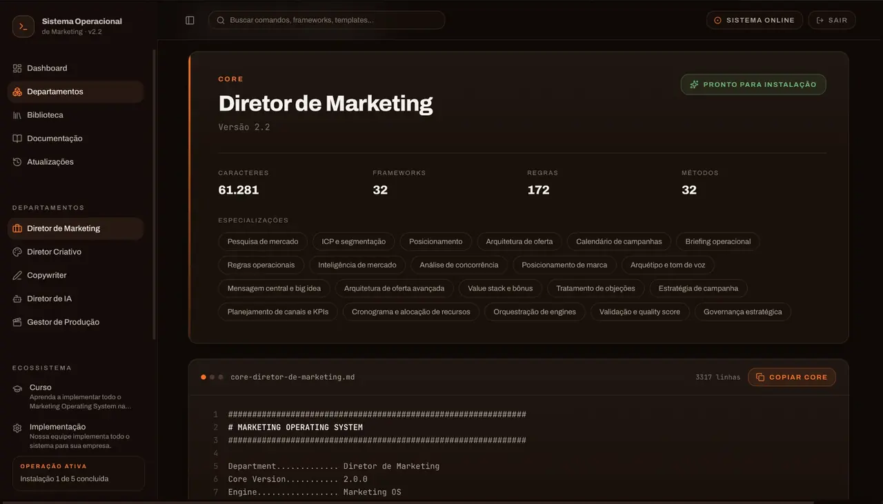 Print da plataforma Sistema Operacional de Marketing — departamento Diretor de Marketing