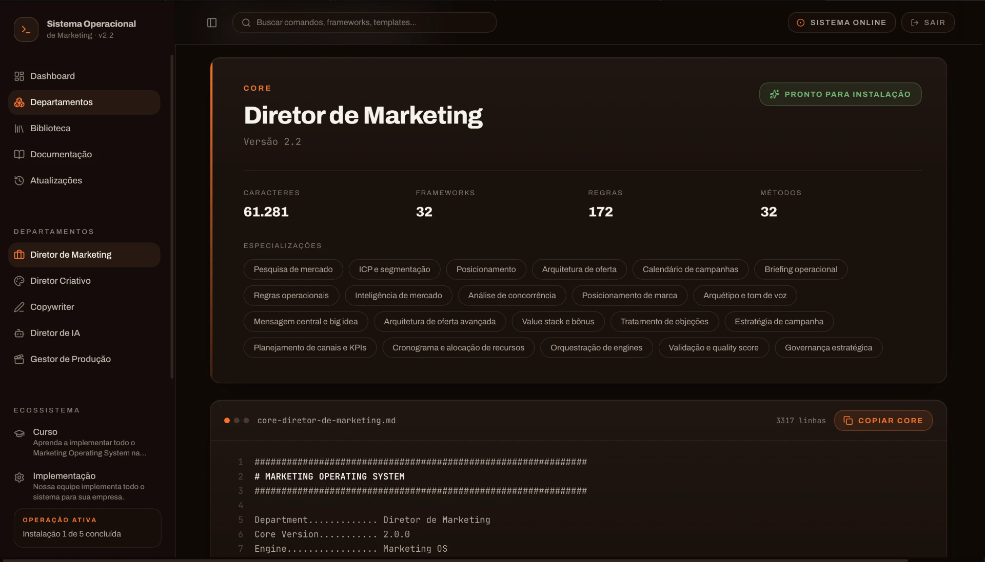 Print da plataforma Sistema Operacional de Marketing — departamento Diretor de Marketing